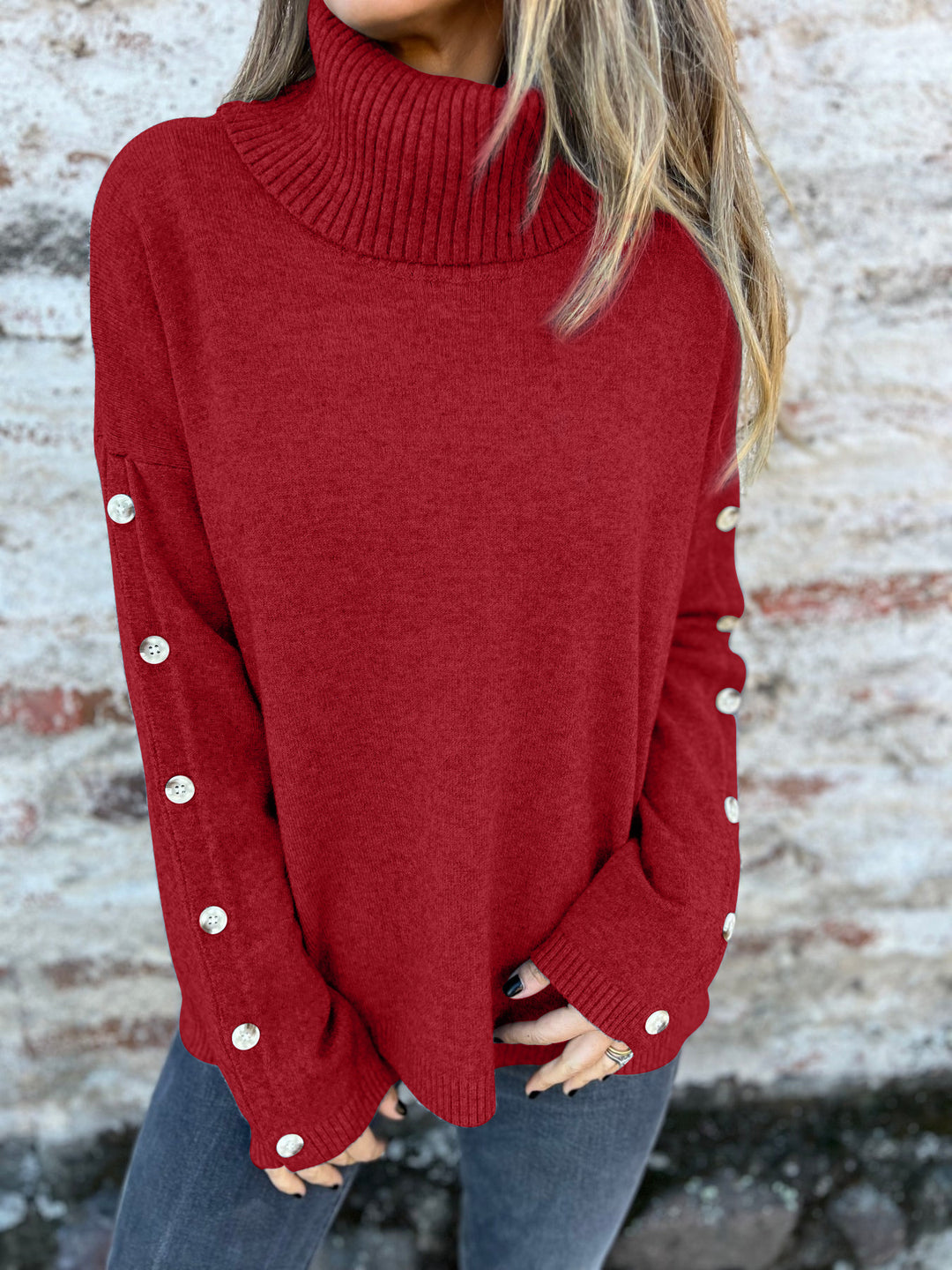 Damen Pullover mit Rollkragen und dekorativen Knopfdetails Drune