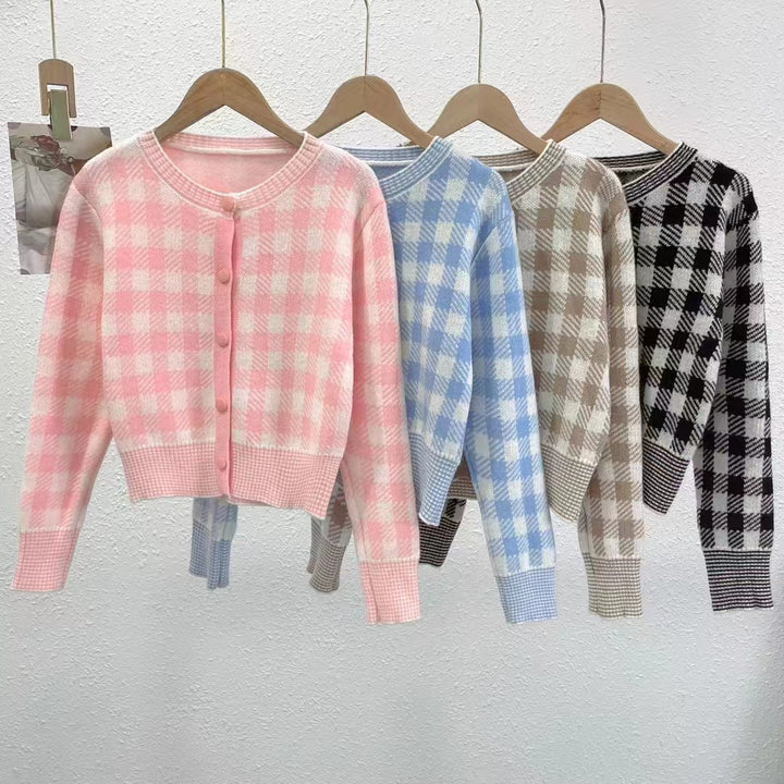 Damen Karierte Strickjacke mit Rundhalsausschnitt und Knopfverschluss Drune