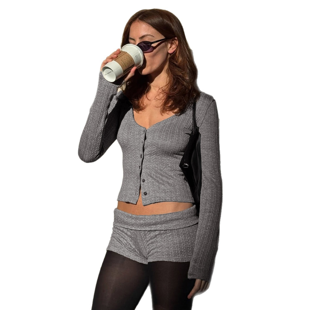 Damen nan geripptes Lounge-Set mit U-Ausschnitt Cropped-Cardigan und Highwaist-Shorts Drune
