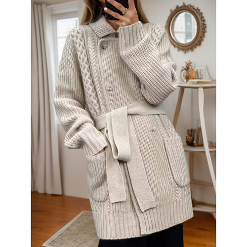 Damen Strickjacke mit taillierbarem Gürtel und strukturiertem Zopfmuster Drune