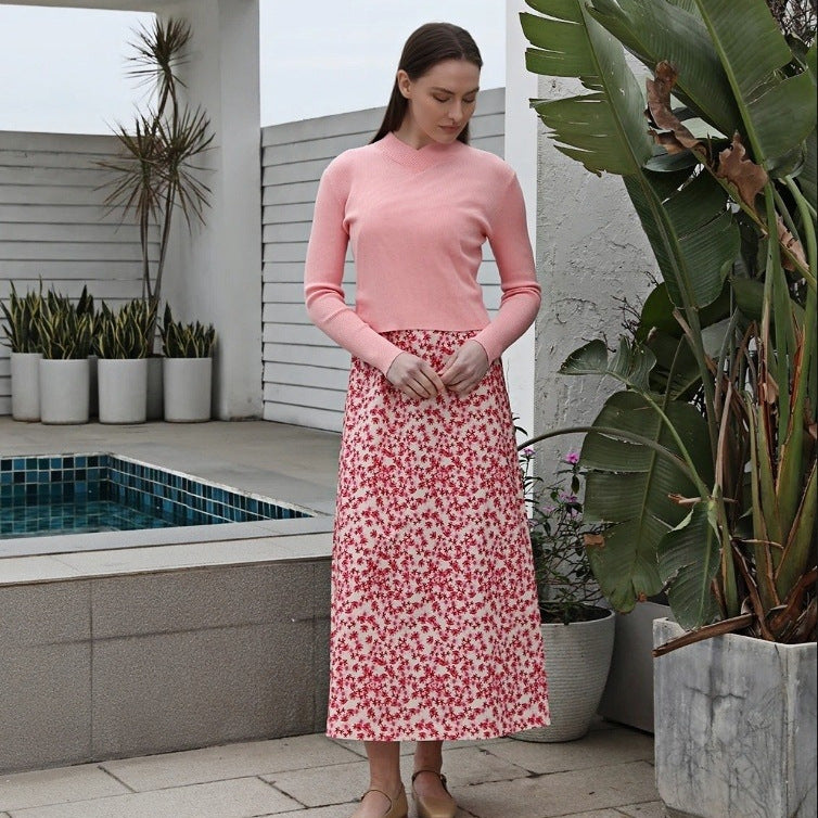 Damen Kombination aus modischem Pullover und Maxirock mit floralen Mustern Drune