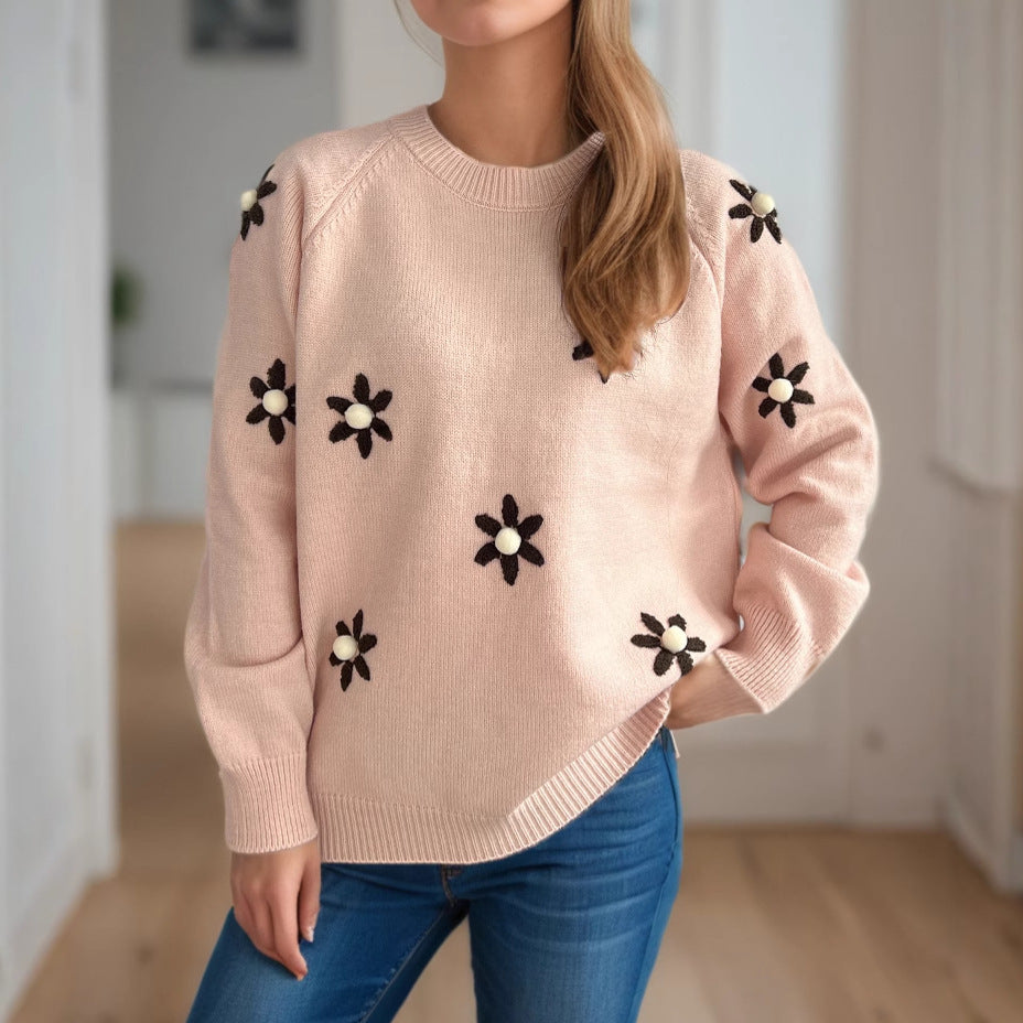 Damen Strickpullover mit floralen Applikationen und lässigem Schnitt Drune