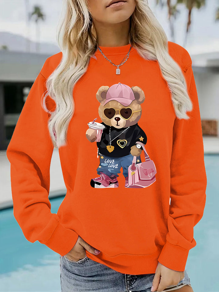 Damen Sweatshirt mit einzigartigem Cartoon-Bären-Motiv und modischem Schriftzug Drune