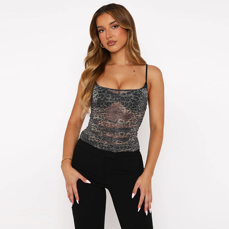 Damen sportliches Spitze Top mit Leopardenmuster Drune
