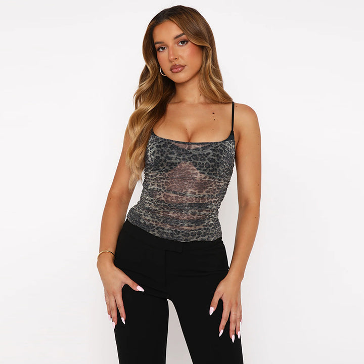 Damen sportliches Spitze Top mit Leopardenmuster Drune