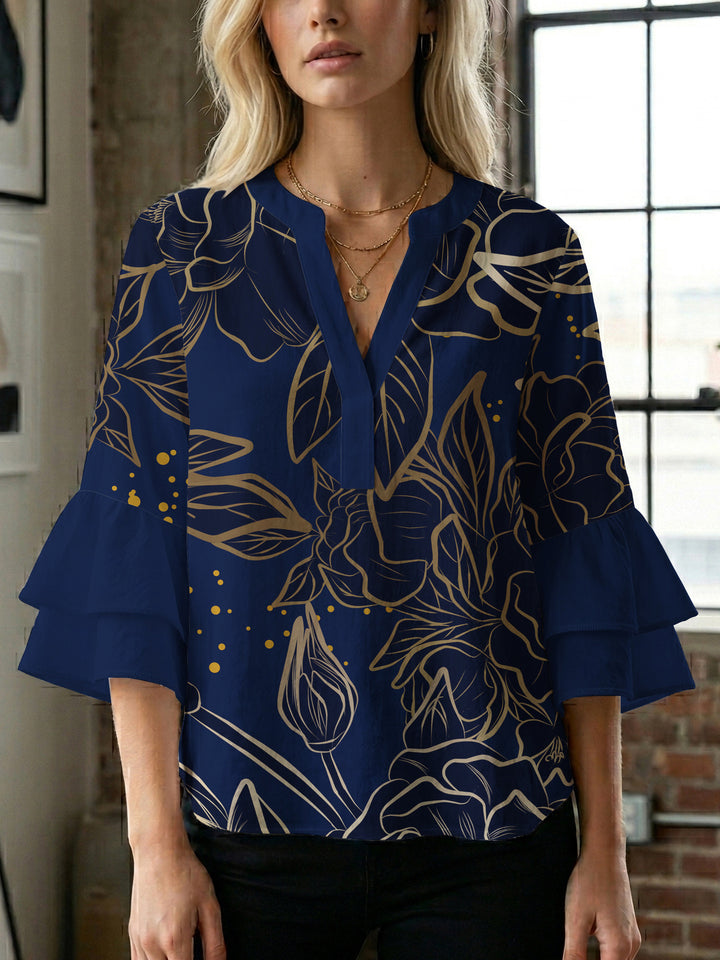 Damen Bluse mit voluminösen Rüschenärmeln und floralem Druck Drune