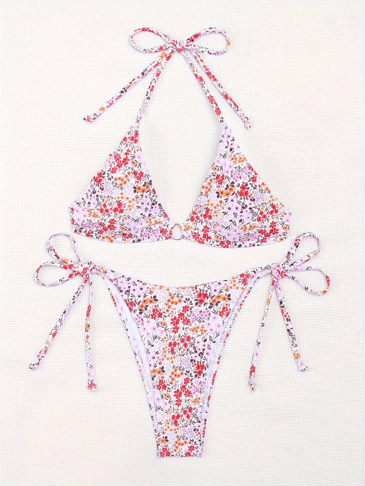 Damen Triangel-Bikini mit floralem Muster und verstellbaren Bindebändern Drune