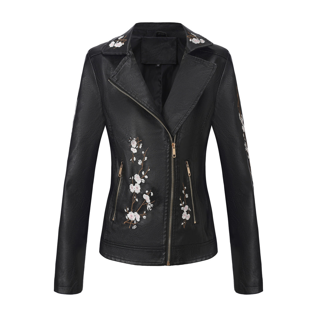 Damen modische Bikerjacke mit floralem Stickmuster Drune