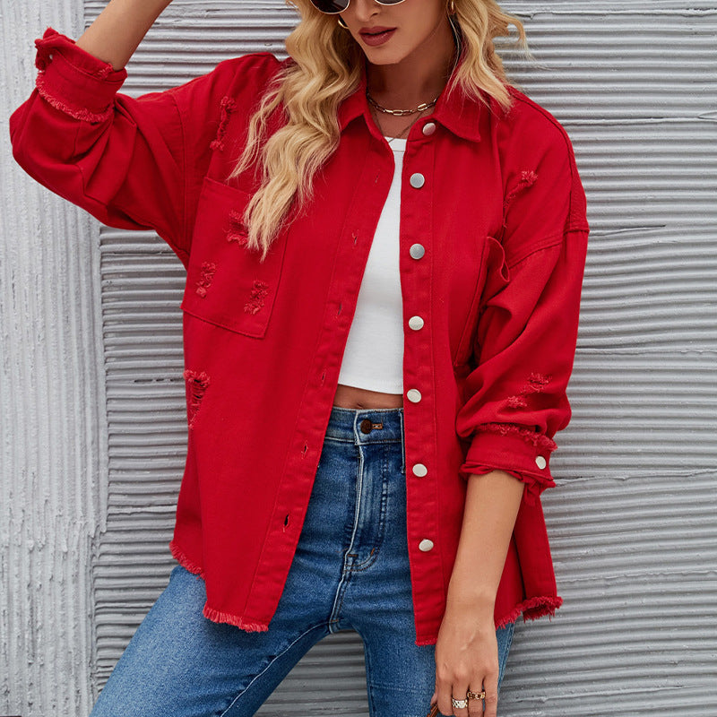 Damen Oversized Denimjacke mit Destroyed-Effekten Drune