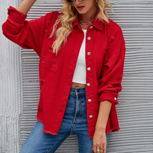 Damen Oversized Denimjacke mit Destroyed-Effekten Drune
