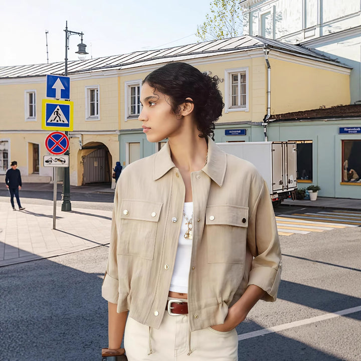 Damen lockere Utility-Jacke mit Taschen Drune