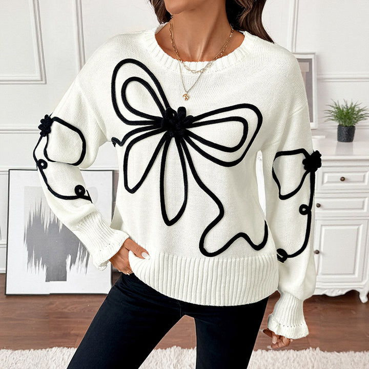 Damen Strickpullover mit floralen Applikationen und hohem Kragen Drune