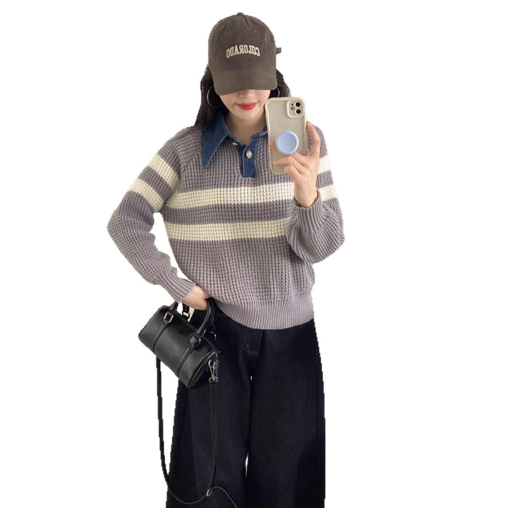 Damen lässiger Strickpullover mit Kragen und gestreiftem Design Drune