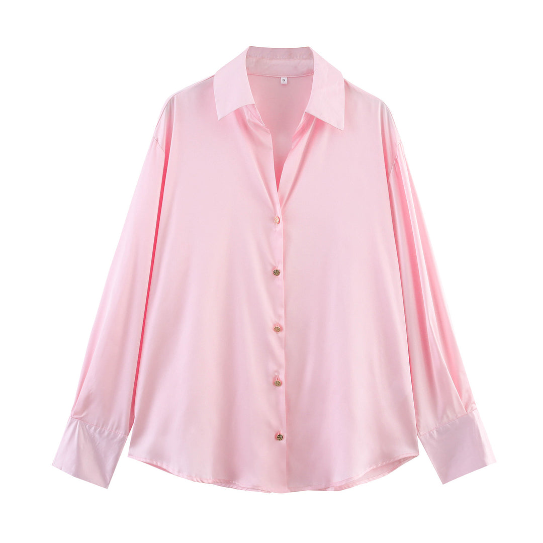 Damen nan oversized Satinbluse mit Hemdkragen, verlängerten Manschetten und abgerundetem Saum Drune