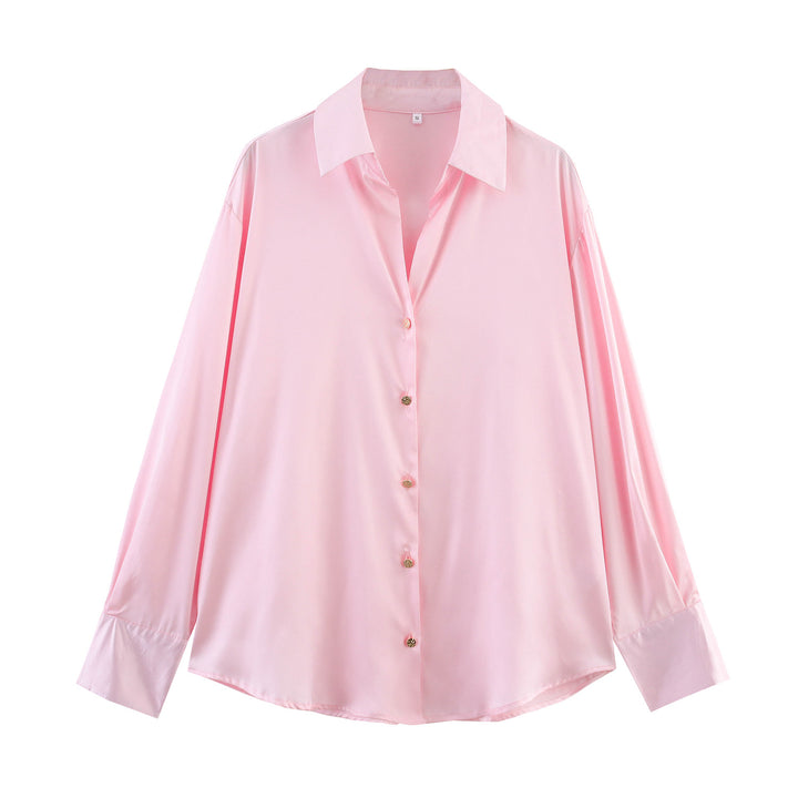 Damen nan oversized Satinbluse mit Hemdkragen, verlängerten Manschetten und abgerundetem Saum Drune