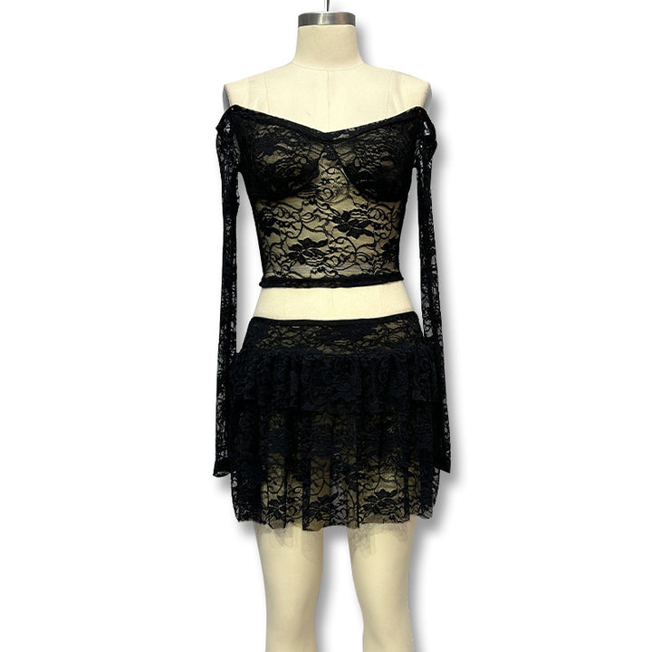 Damen Verspieltes Spitzenkleid mit transparenten Ärmeln und gestuftem Rock Drune