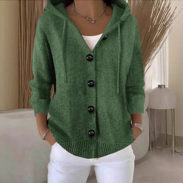 Damen lässige Strickjacke mit Kapuze und großen Knöpfen Drune