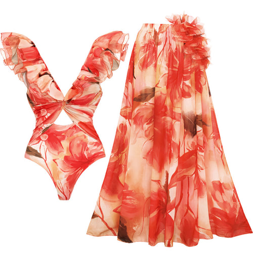 Damen Einteiler Badeanzug mit floralen Rüschendetails Drune