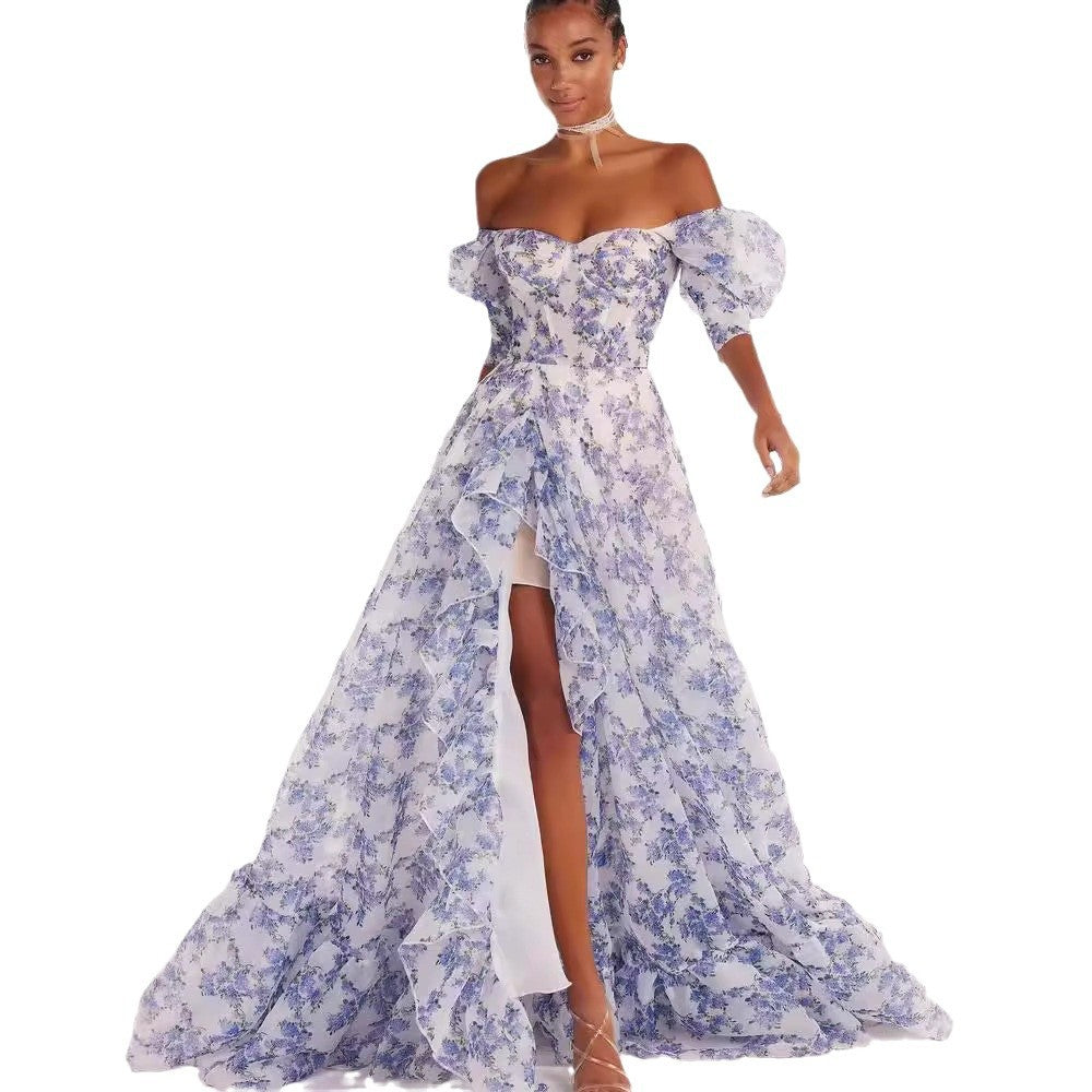 Damen Festliches Maxikleid mit schulterfreiem Design und floralen Rüschendetails Drune