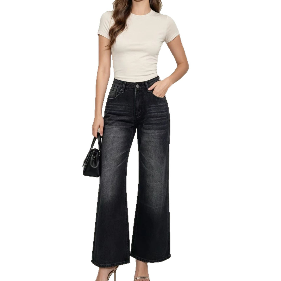 Damen nan High‑Waist Flared-Jeans mit weitem Bein, taillierender Bundnaht und dezenter Used-Struktur Drune