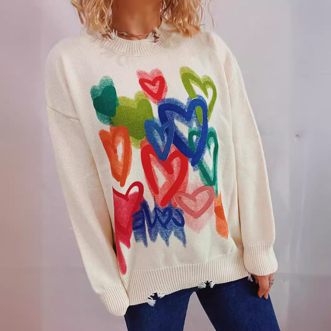 Damen kuscheliger Pullover mit buntem Herzdesign Drune