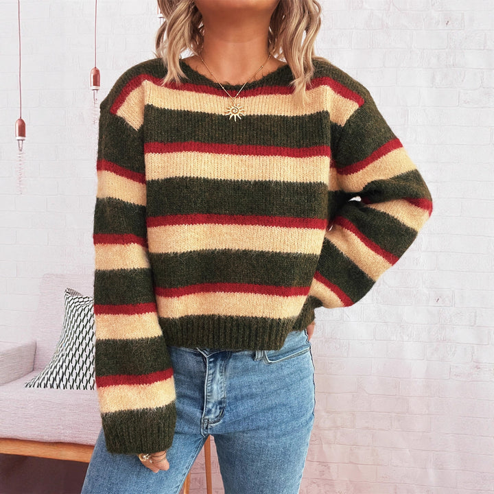 Damen lässiger Strickpullover mit buntem Streifenmuster und breiten Ärmeln Drune