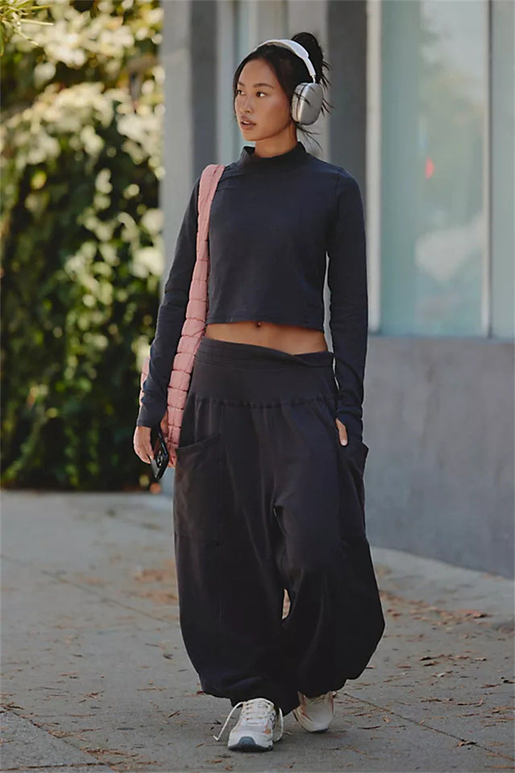 Damen lässiges Set aus cropped Oberteil und weiten Hose Drune
