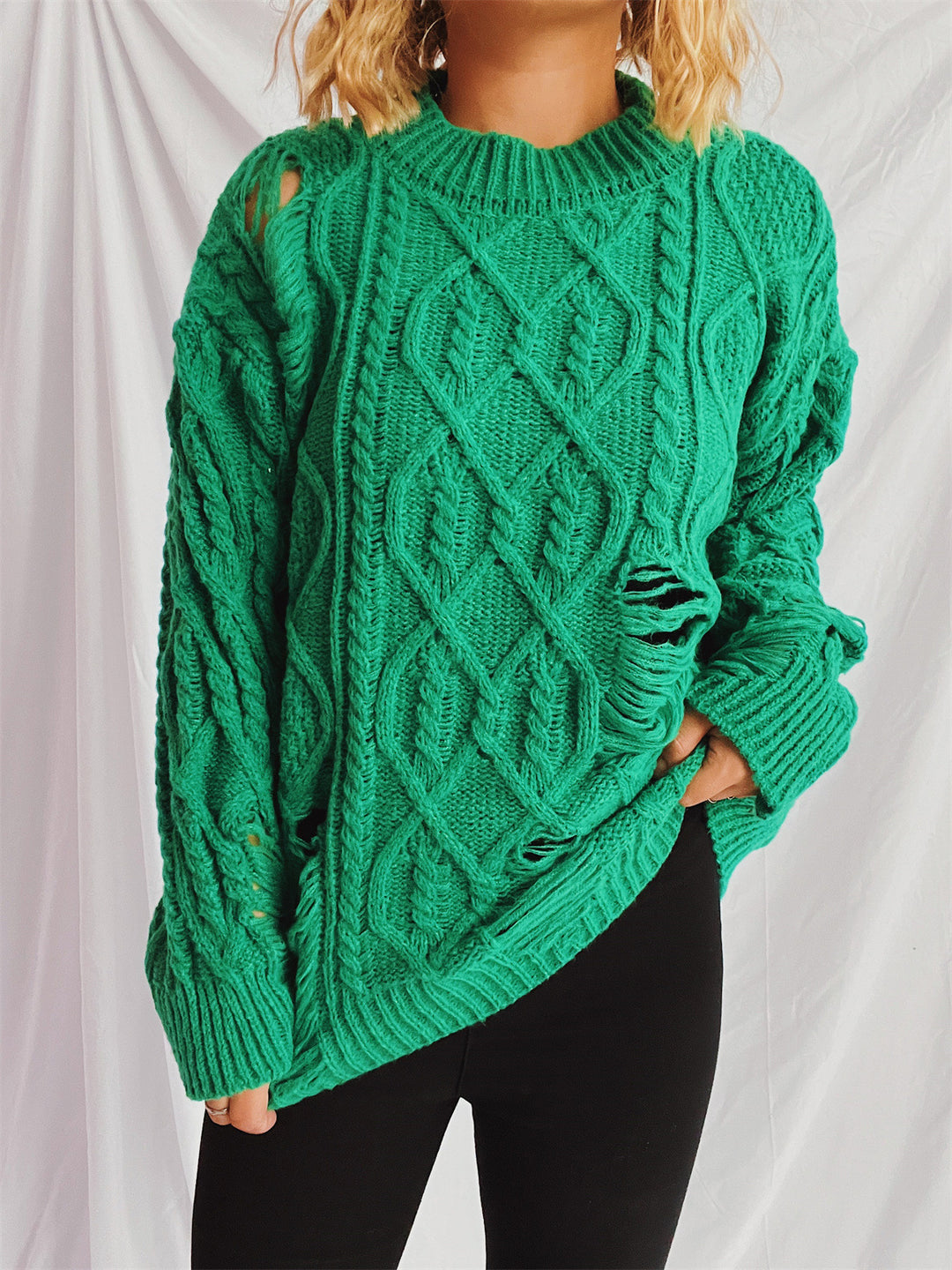 Damen lässiger Oversized-Pullover mit strukturiertem Zopfmuster und Fransen Drune