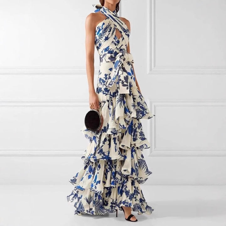 Damen Maxikleid mit verspielten Rüschen und floralen Akzenten Drune