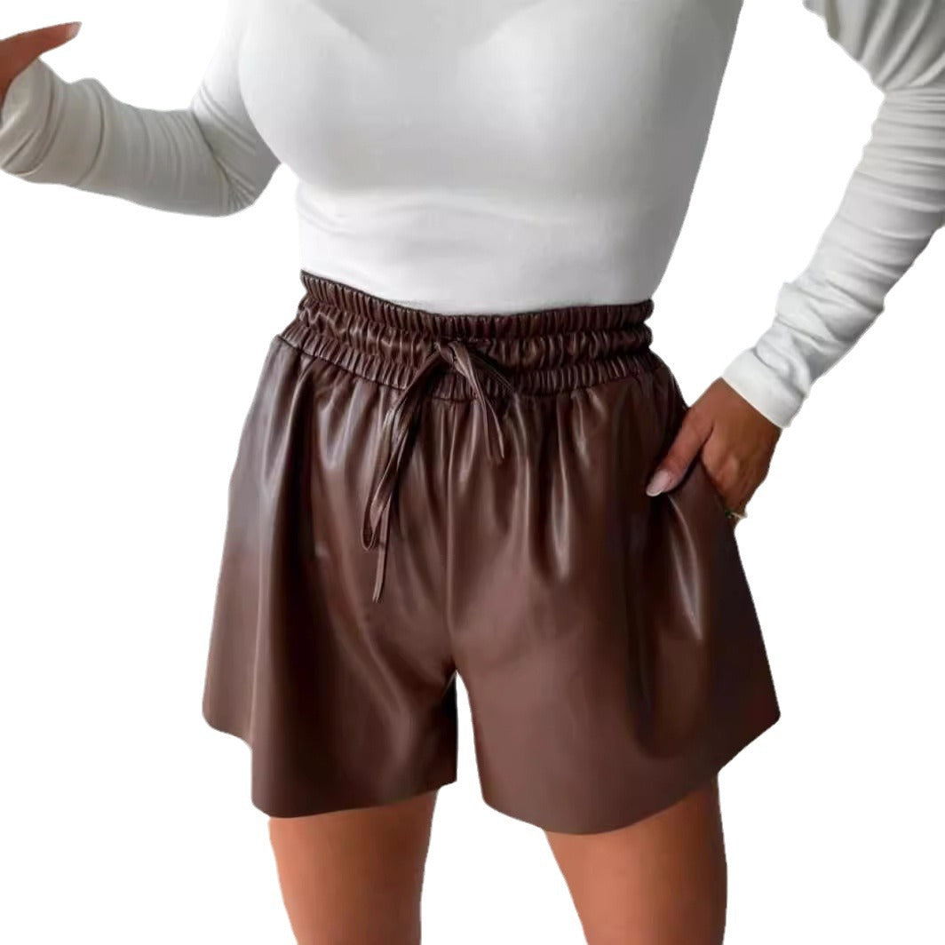 Damen Elegante Kunstleder-Shorts mit Gummizug Drune