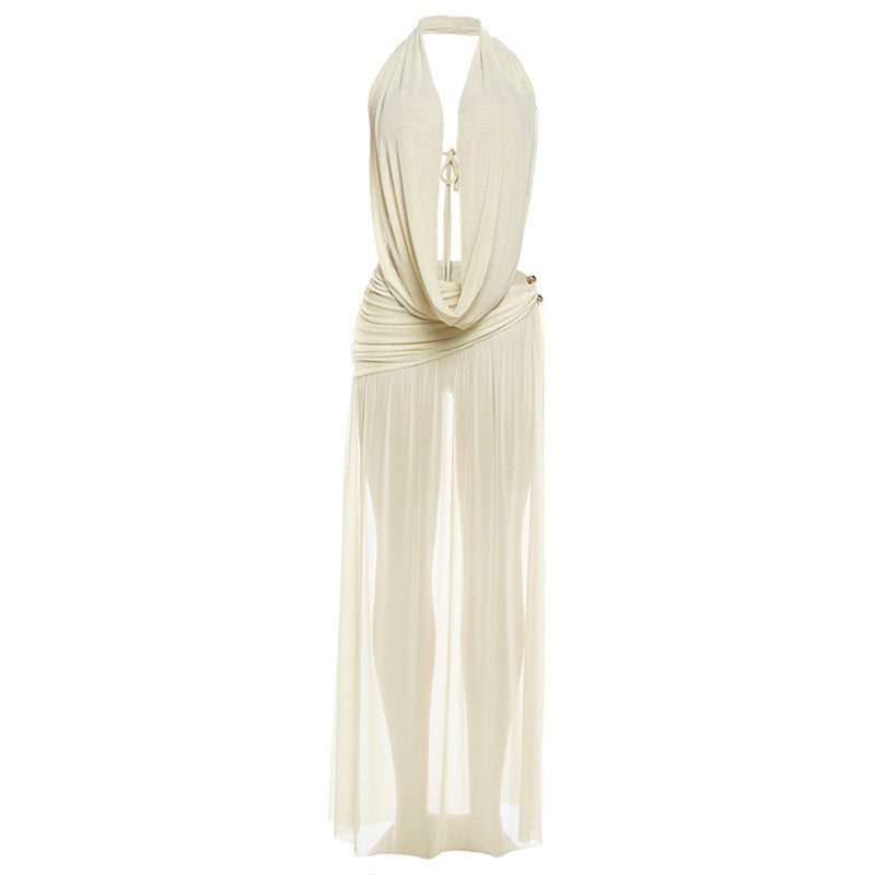 Damen Elegantes Maxikleid mit tiefem V-Ausschnitt und fließendem Schnitt Drune
