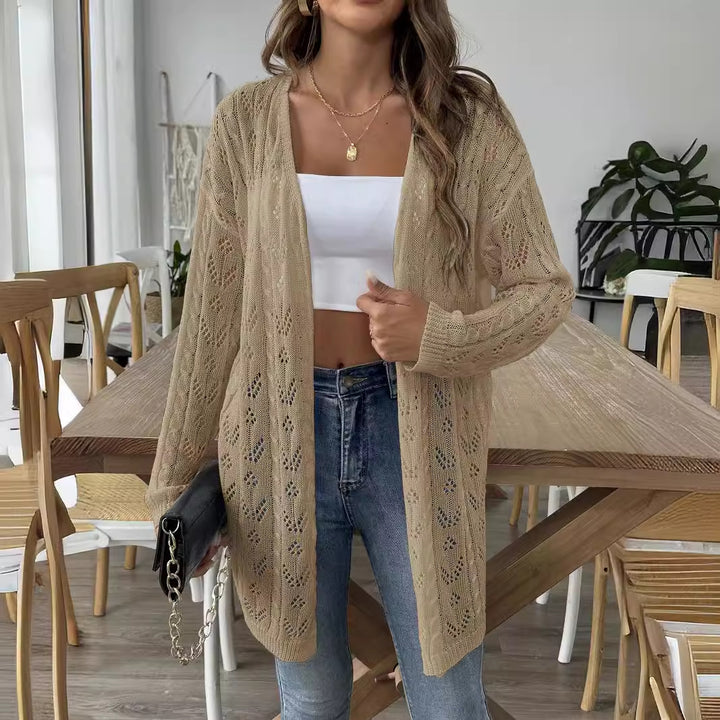 Damen luftiger Strickcardigan mit filigranem Lochmuster Drune