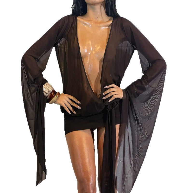 Damen Wickelbluse mit transparenten Ärmeln und figurformendem Design Drune