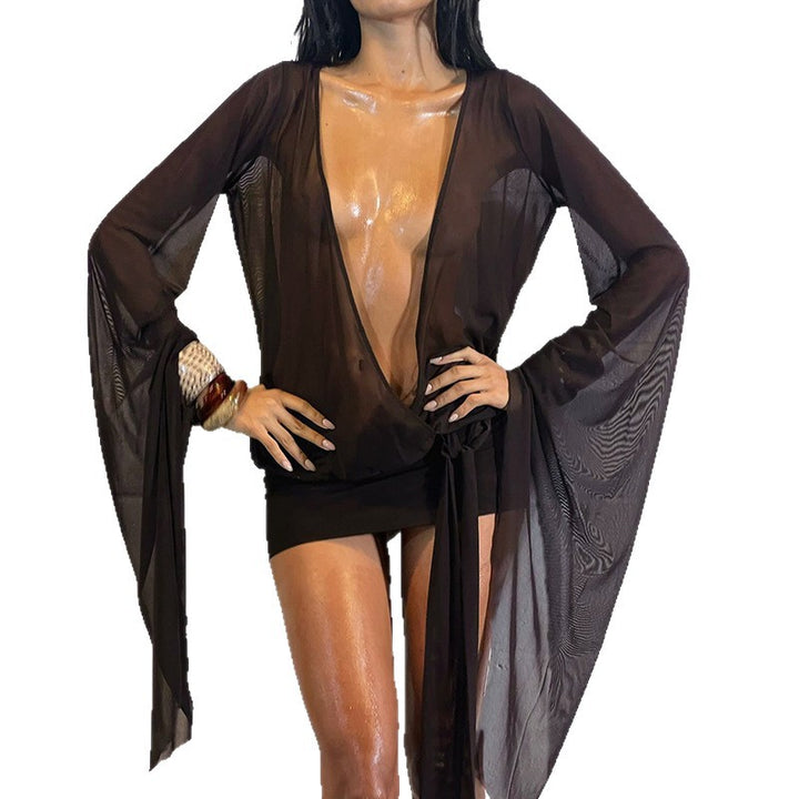 Damen Wickelbluse mit transparenten Ärmeln und figurformendem Design Drune