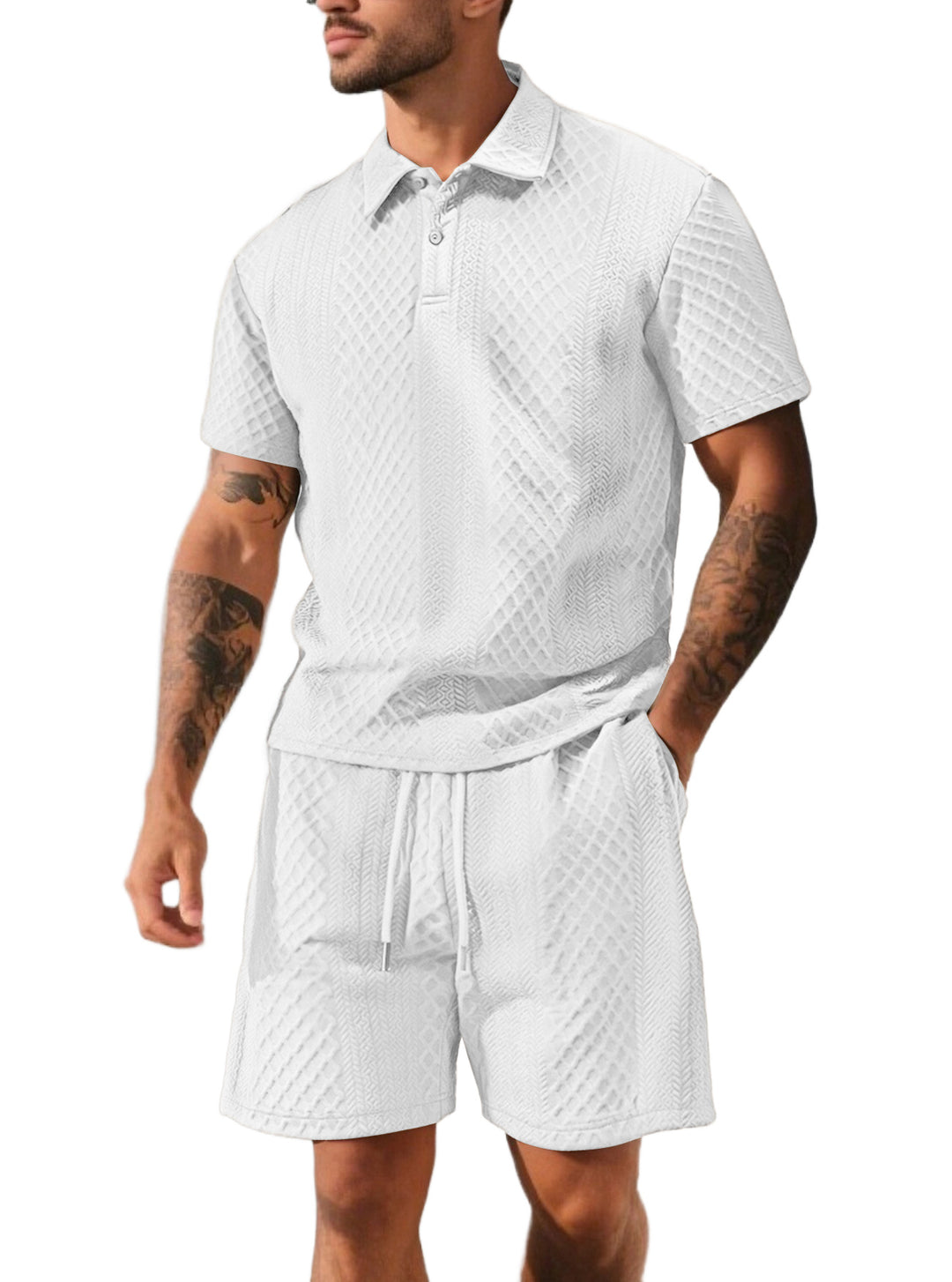 Herren nan strukturiertes Poloshirt- und Bermudashorts-Set aus gesteppter Baumwollmischung Drune