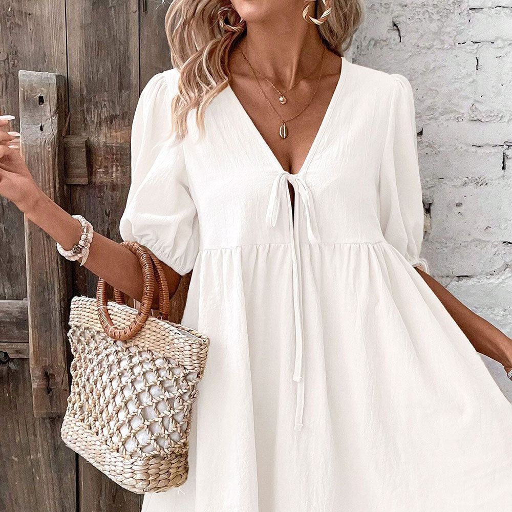 Damen lässiges Sommerkleid mit V-Ausschnitt und Rüschendetails Drune