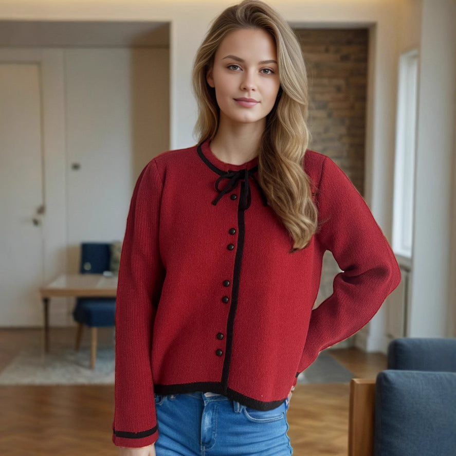 Damen kuschelige Strickjacke mit dekorativen Knopfdetails und Bindeverschluss Drune