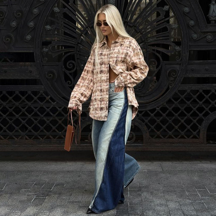 Damen Oversized Hemdbluse im lässigen Karomuster mit geschlitzten Ärmeln Drune