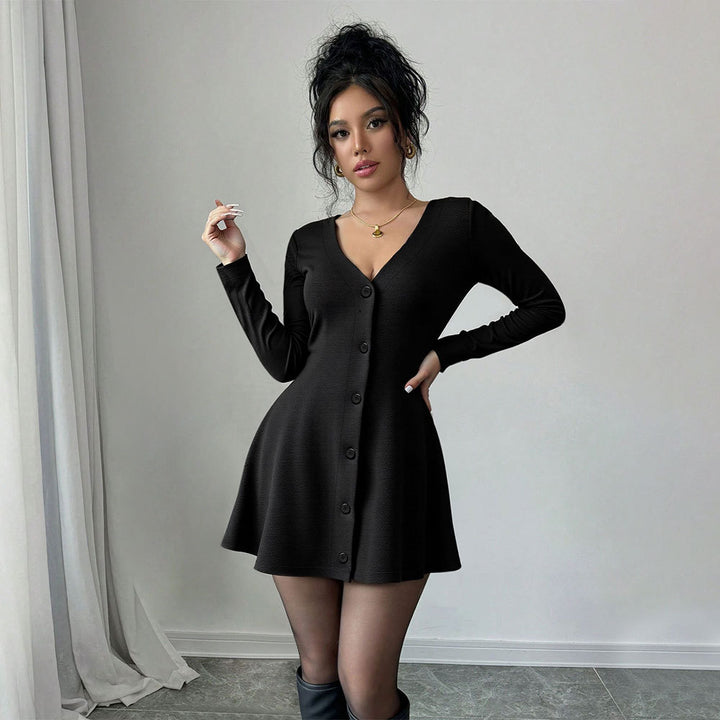 Damen Knielanges Strickkleid mit tiefem V-Ausschnitt und Knopfleiste Drune