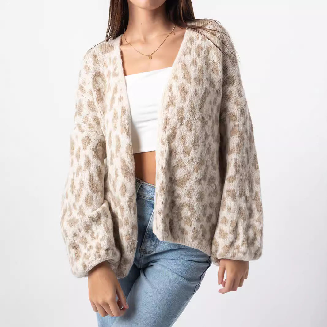 Damen Oversized Strickjacke mit trendy Leopardenmuster und voluminösen Ärmeln Drune