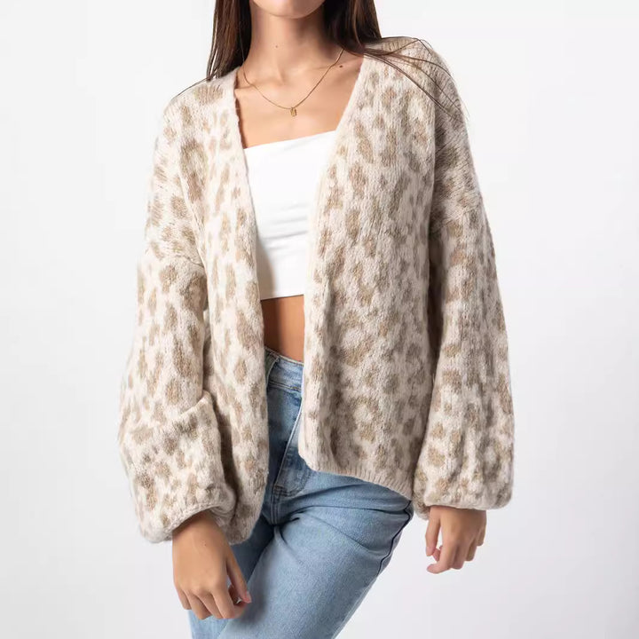 Damen Oversized Strickjacke mit trendy Leopardenmuster und voluminösen Ärmeln Drune