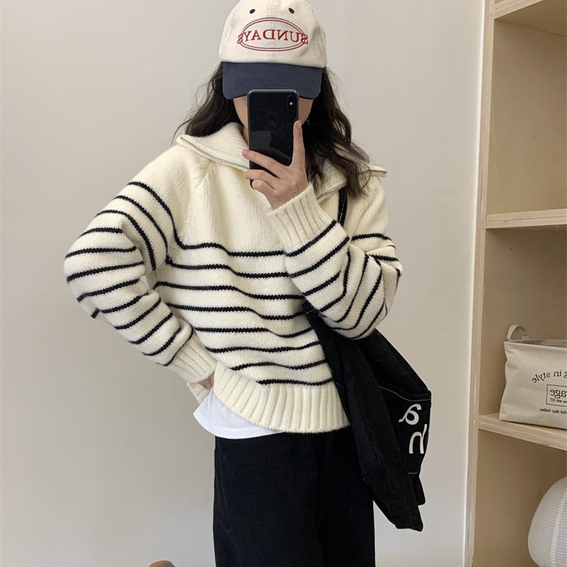 Damen lässiger Strickpullover mit sportlichem Kragen und Streifenmuster Drune