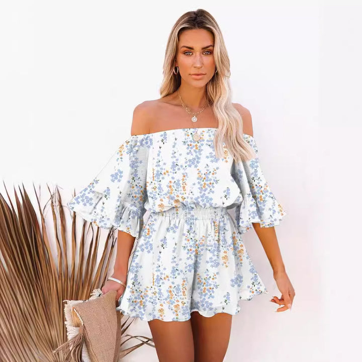 Damen Off-Shoulder Kurzoverall mit voluminösen Ärmeln Drune