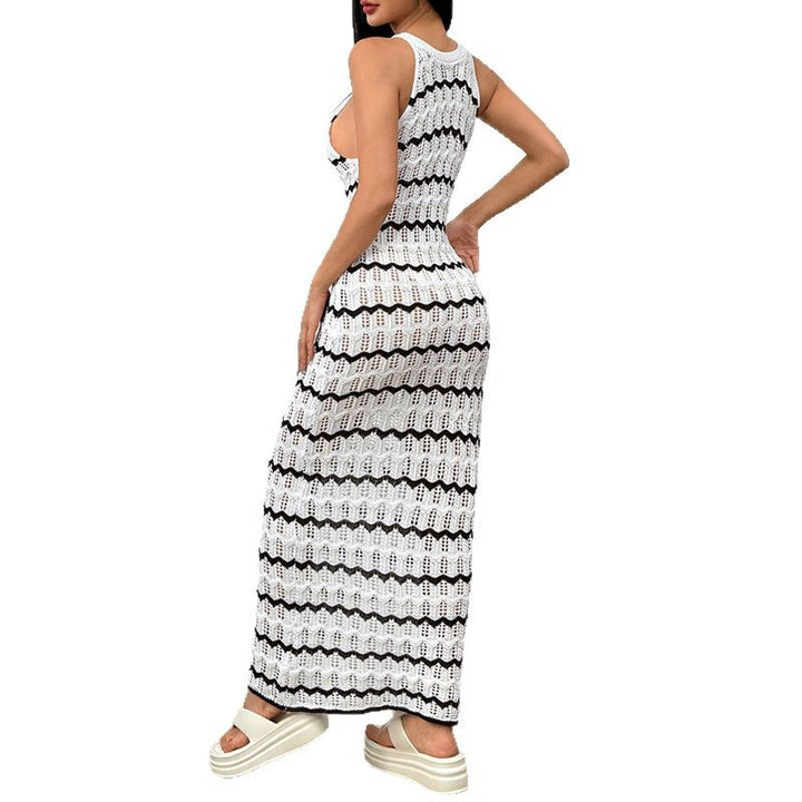 Damen Häkel Langkleid mit dekorativem Wellenmuster und figurbetonter Silhouette Drune