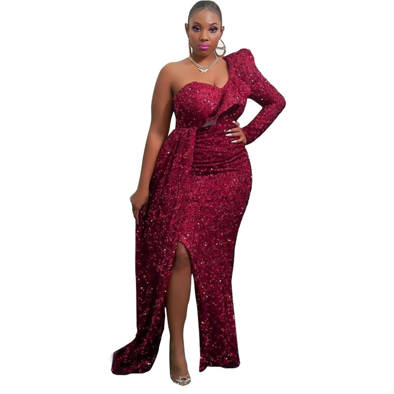 Damen Funkelndes Abendkleid mit asymmetrischem Design und fließendem Rock Drune