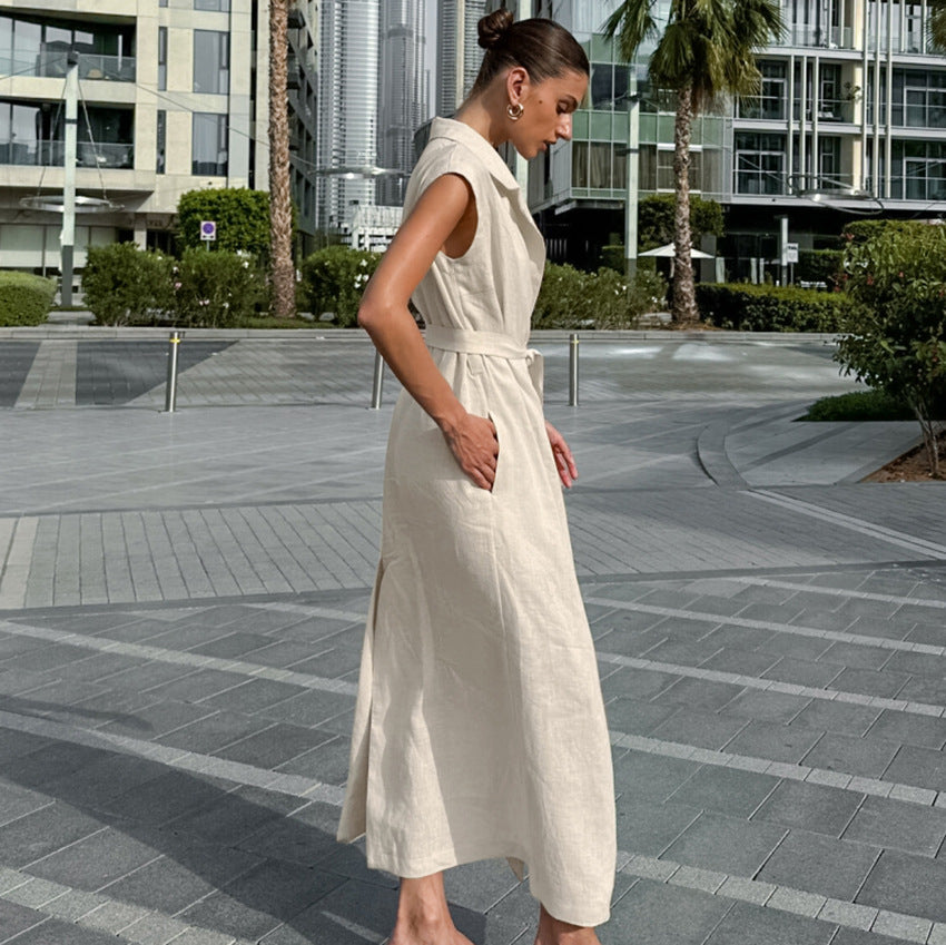 Drune | Lange Kleid Baumwoll Leinen Mischung Hohe Taille Wickel Ärmelloses Kragenförmiges Design