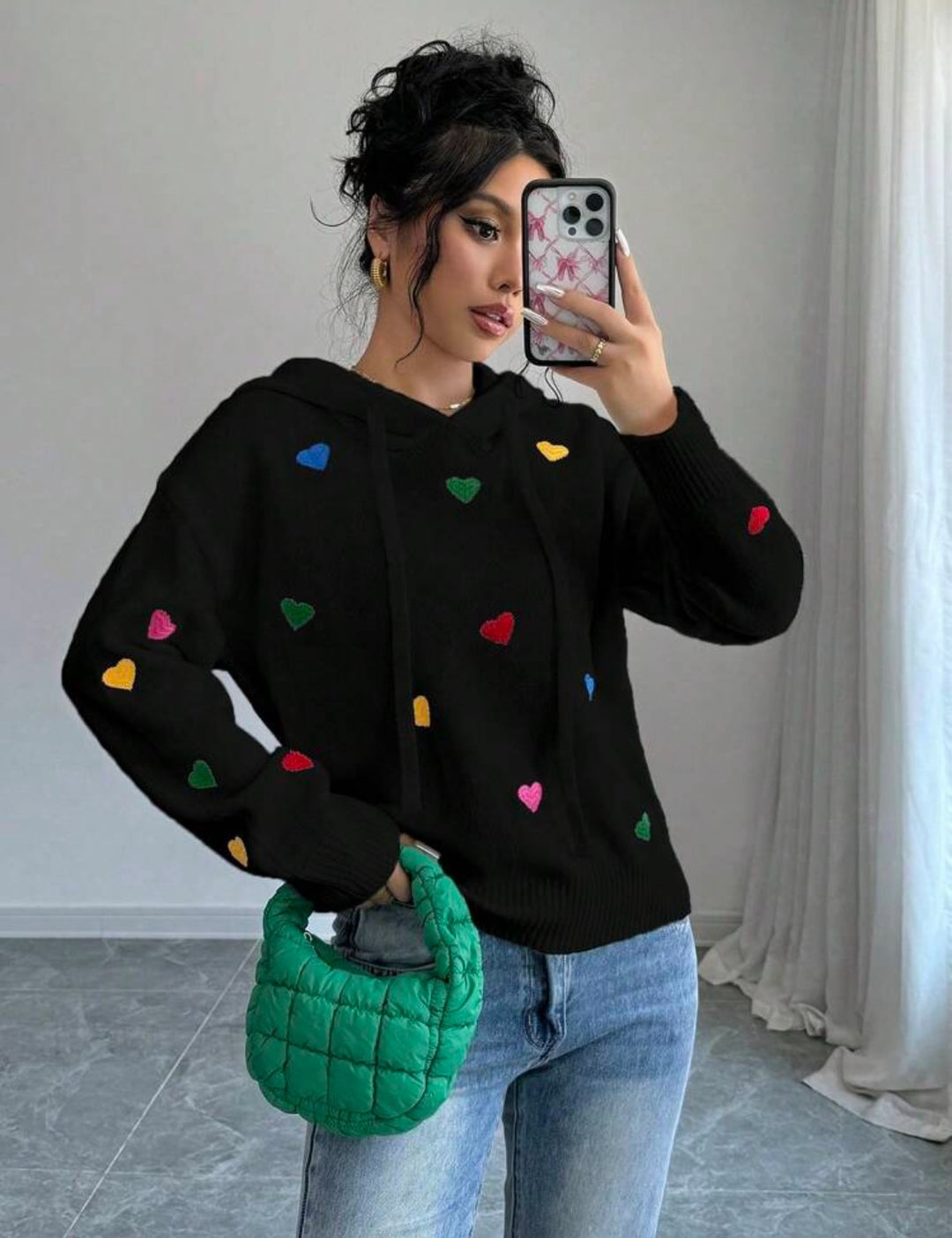 Damen Hoodie mit buntem Herzdesign und Kapuze Drune