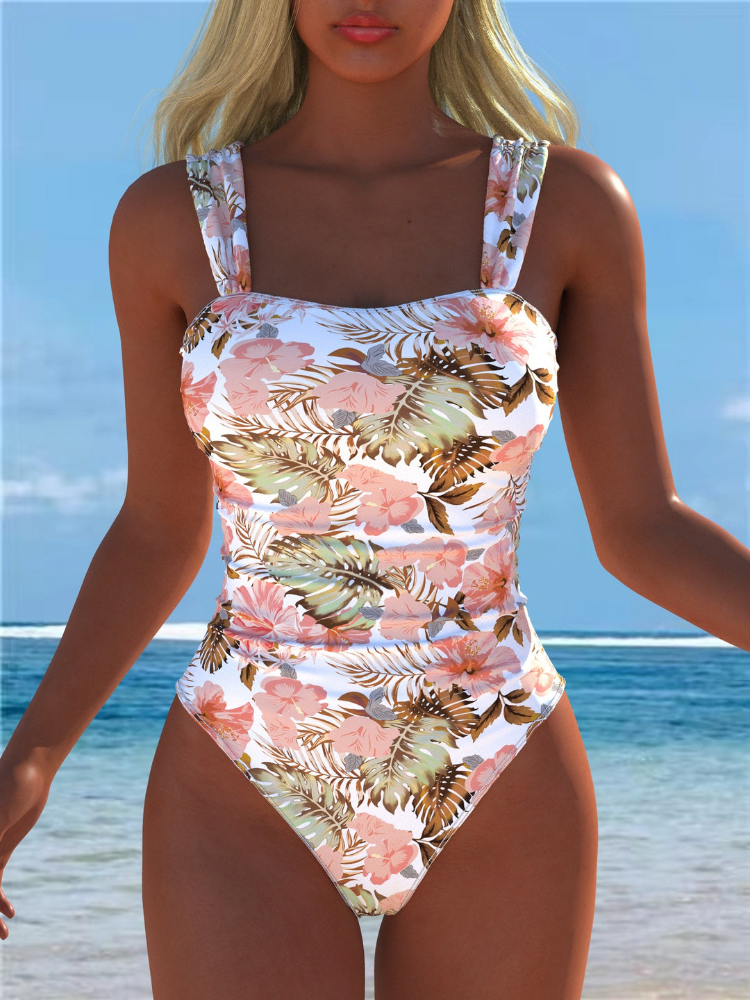 Damen Einteiliger Badeanzug mit floralen Akzenten und breiten Trägern Drune
