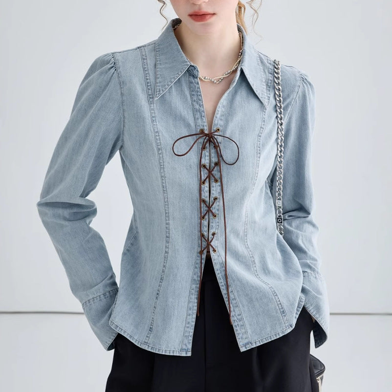 Damen Jeansbluse mit verspielten Schnürdetails und elegantem Schnitt Drune