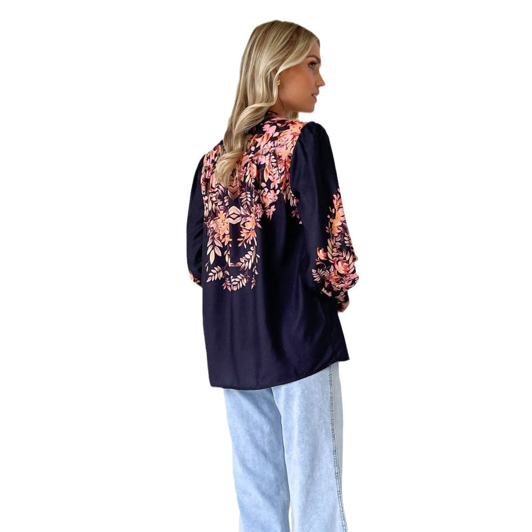 Damen Elegante Bluse mit floralen Akzenten und modischen Puffärmeln Drune